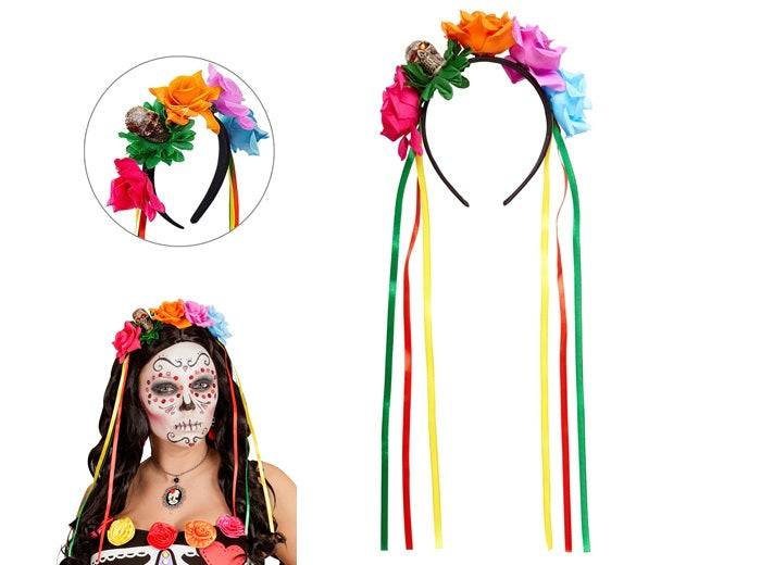 serre-tte dia de los muertos roses colores crne et rubans