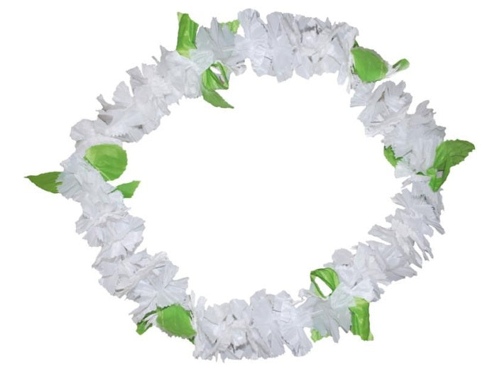 collier de 40 fleurs épais tahiti blanc avec feuilles 110mm