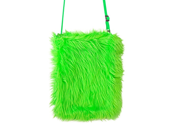 sac à main peluche vert fluo 26x20cm