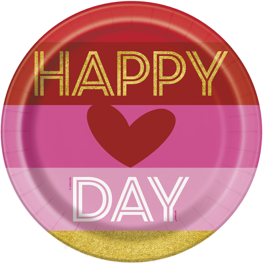 8 assiettes avec cœur et rayures - Gold Happy Valentines
