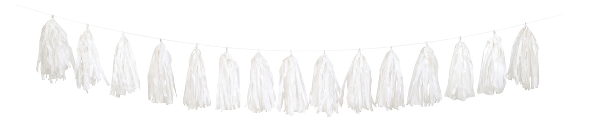 Guirlande pompons à franges de soie blanche - Gamme Couleur Unie