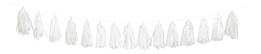 Guirlande pompons à franges de soie blanche - Gamme Couleur Unie