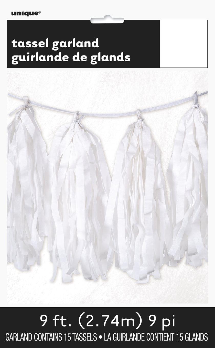 Guirlande pompons à franges de soie blanche - Gamme Couleur Unie
