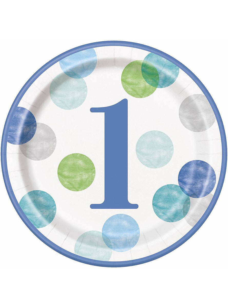 8 assiettes bleues premier anniversaire (23 cm) - Blue Dots 1st Birthday