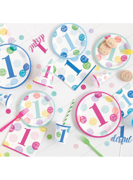 8 assiettes roses premier anniversaire (23 cm) - Pink Dots 1st Birthday