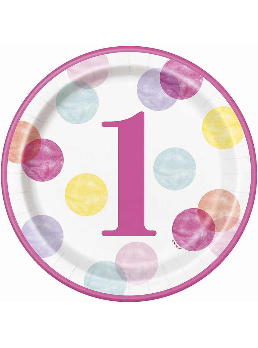 8 assiettes roses premier anniversaire (23 cm) - Pink Dots 1st Birthday