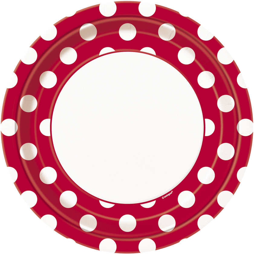 8 assiettes rouge à pois blancs (23 cm) - Gamme couleur unie