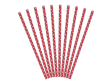 10 pailles rouges à pois blanches en papier