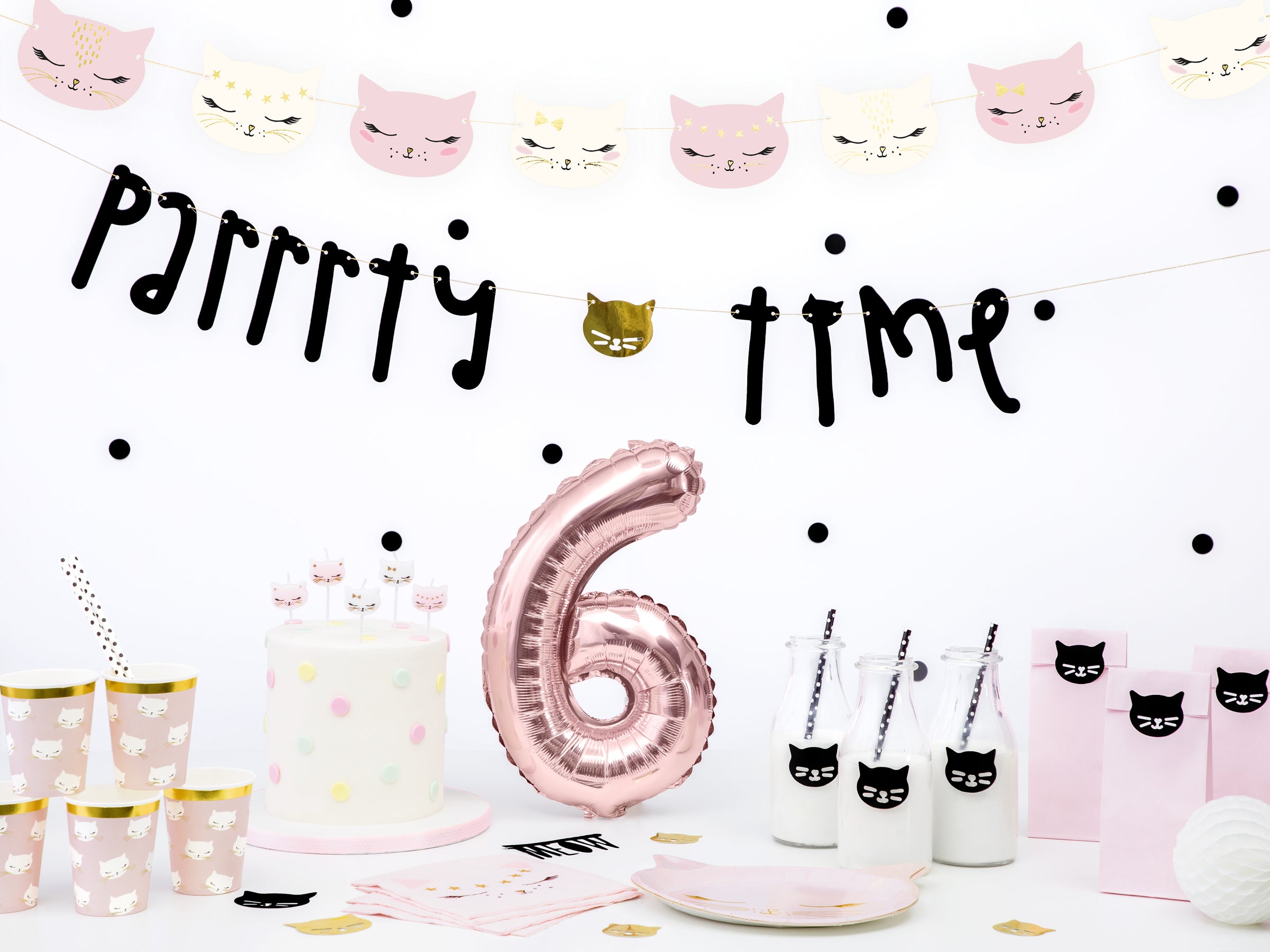 10 pailles blanches à pois noirs en papier - Meow Party