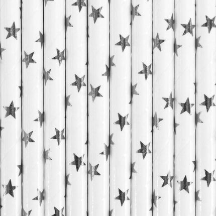 10 pailles blanches avec étoiles argentées en papier