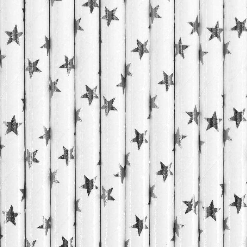 10 pailles blanches avec étoiles argentées en papier