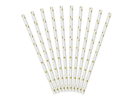10 pailles blanches avec étoiles dorées en papier - Happy New Year Collection