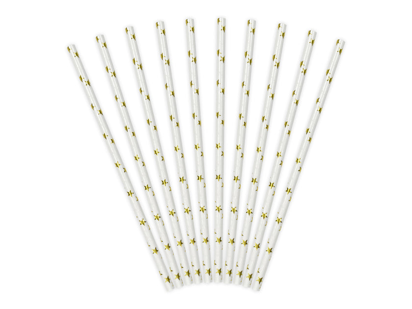 10 pailles blanches avec étoiles dorées en papier - Happy New Year Collection