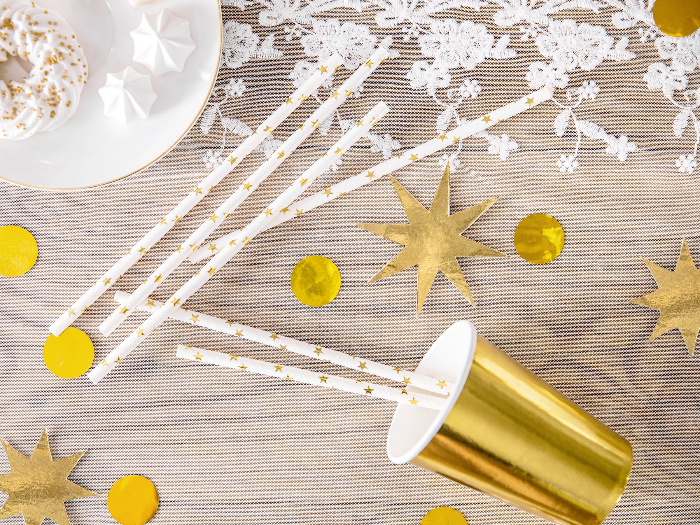 10 pailles blanches avec étoiles dorées en papier - Happy New Year Collection