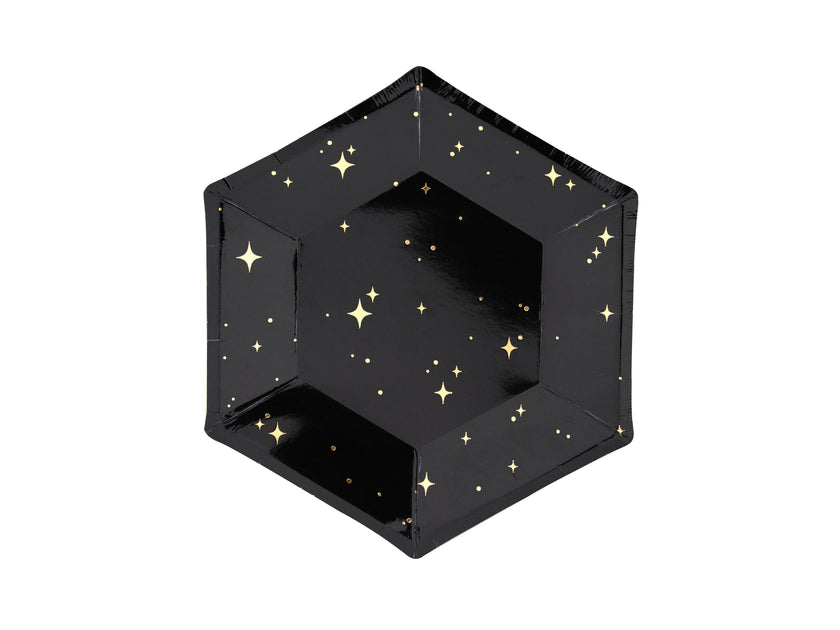 6 assiettes pentagonales noires avec étoiles dorées en carton - New Year’s Eve Collection