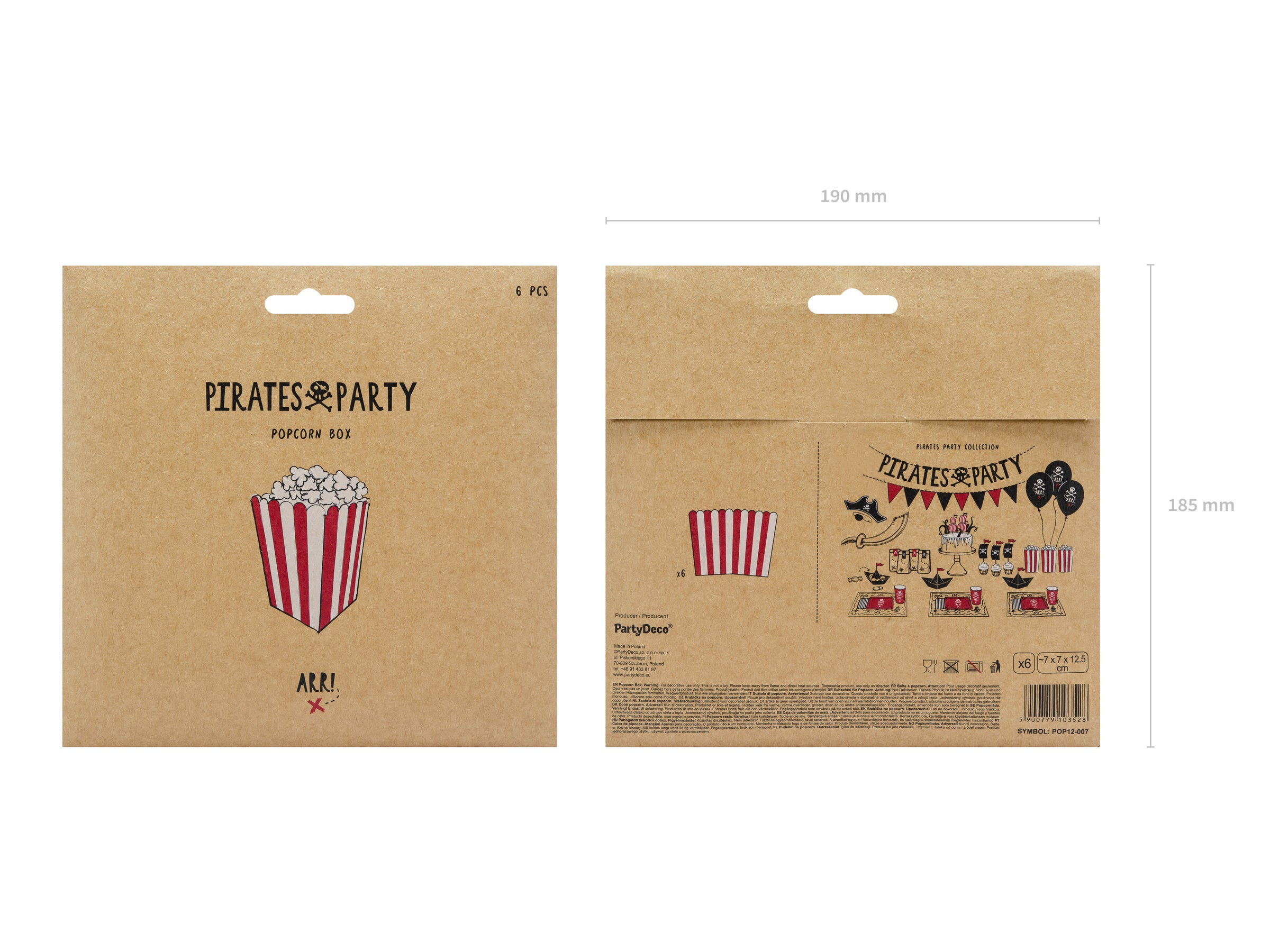 6 boîtes à Popcorn rouges à rayures en carton - Pirates Party