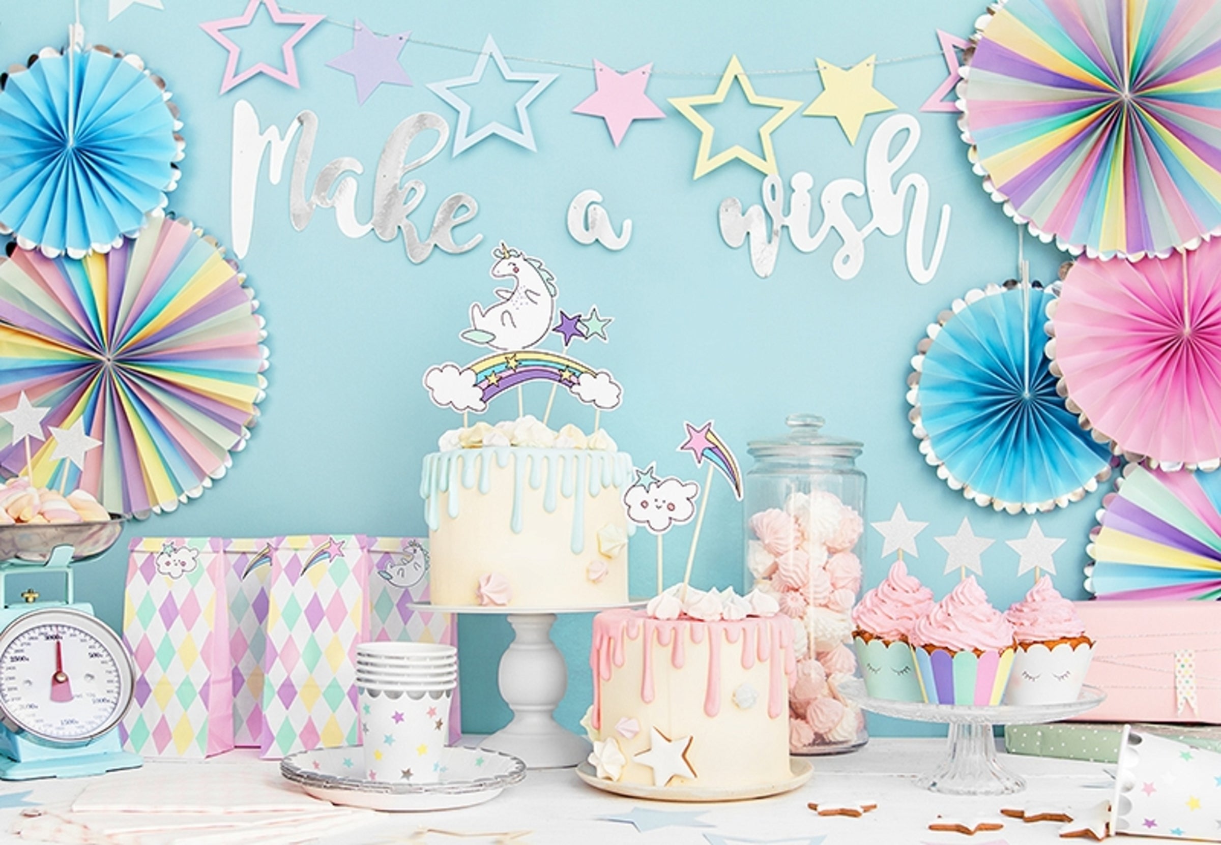 3 rosaces en papier divers tons pastel et bord argenté - Unicorn