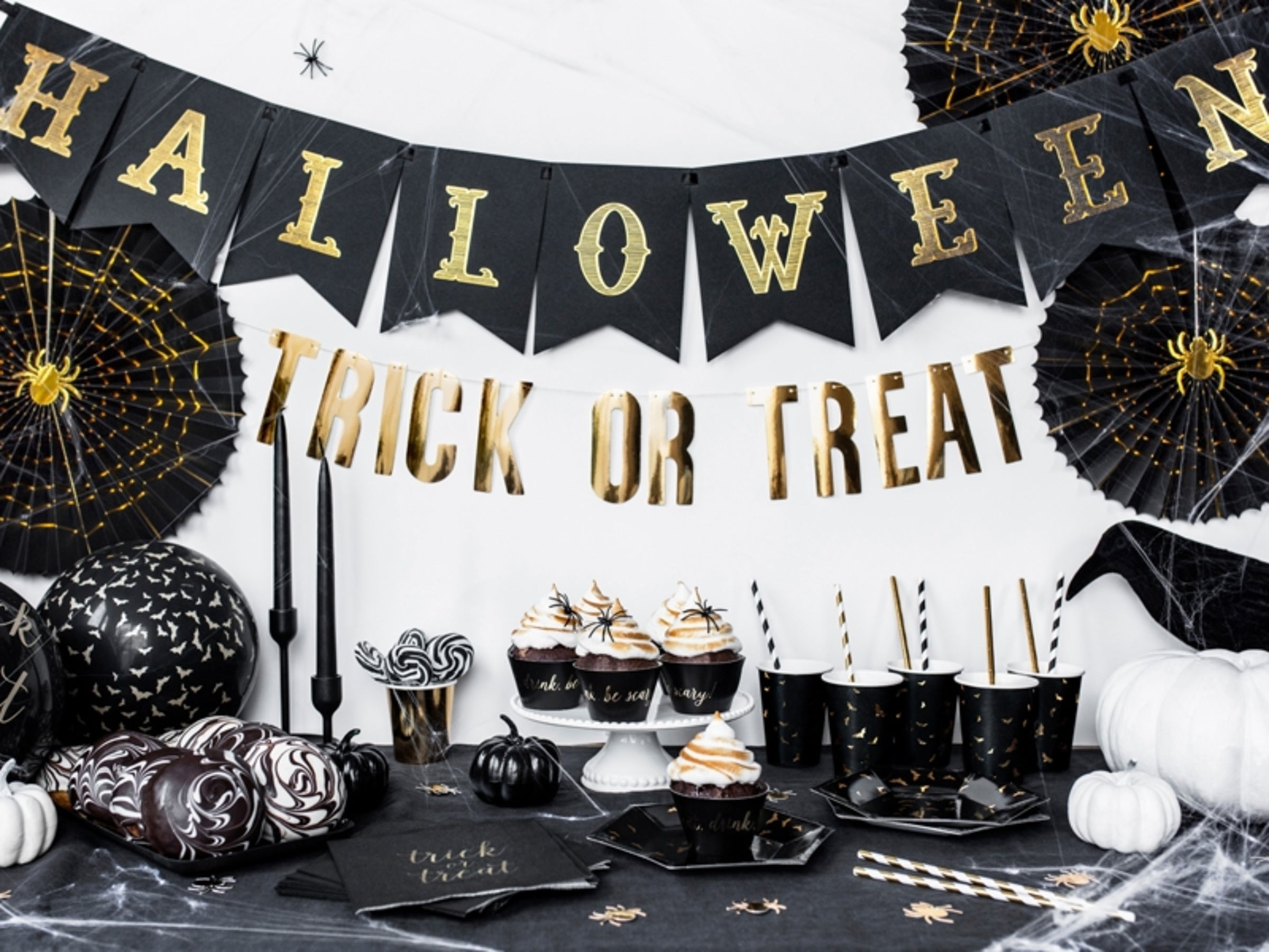 2 rosaces en papier noir avec araignée dorée (32-40 cm) - Trick or Treat Collection
