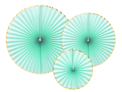 3 rosaces en papier vert menthe avec bord doré - Yummy
