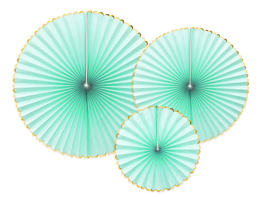 3 rosaces en papier vert menthe avec bord doré - Yummy