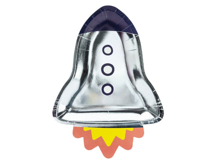 6 assiettes argentées en forme de fusée en carton - Space Party