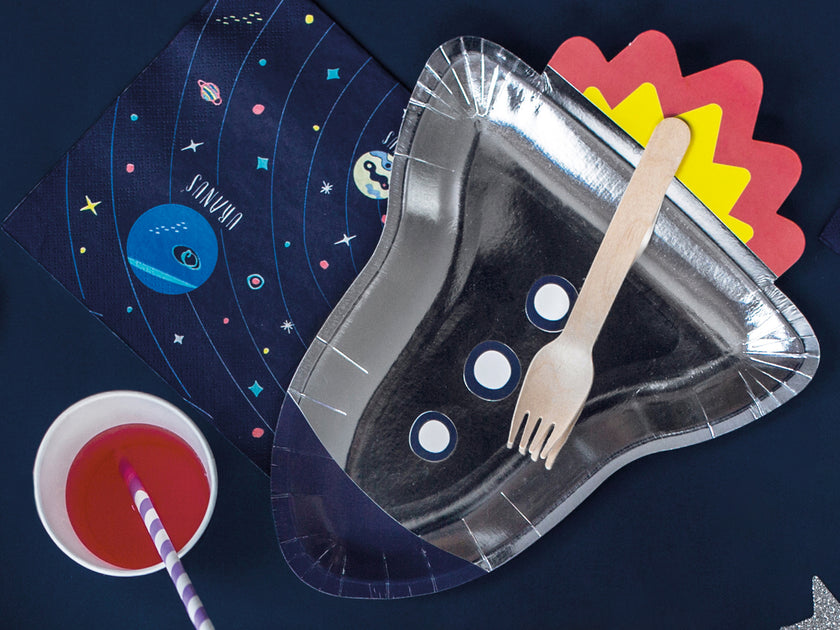6 assiettes argentées en forme de fusée en carton - Space Party