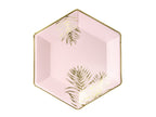 6 assiettes pentagonales roses avec feuilles dorées en carton