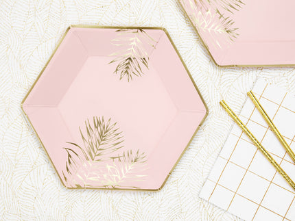 6 assiettes pentagonales roses avec feuilles dorées en carton