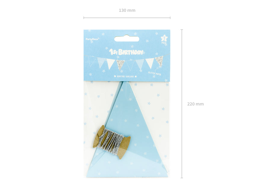 Guirlande fanions motifs à pois bleus en papier - Blue 1st Birthday