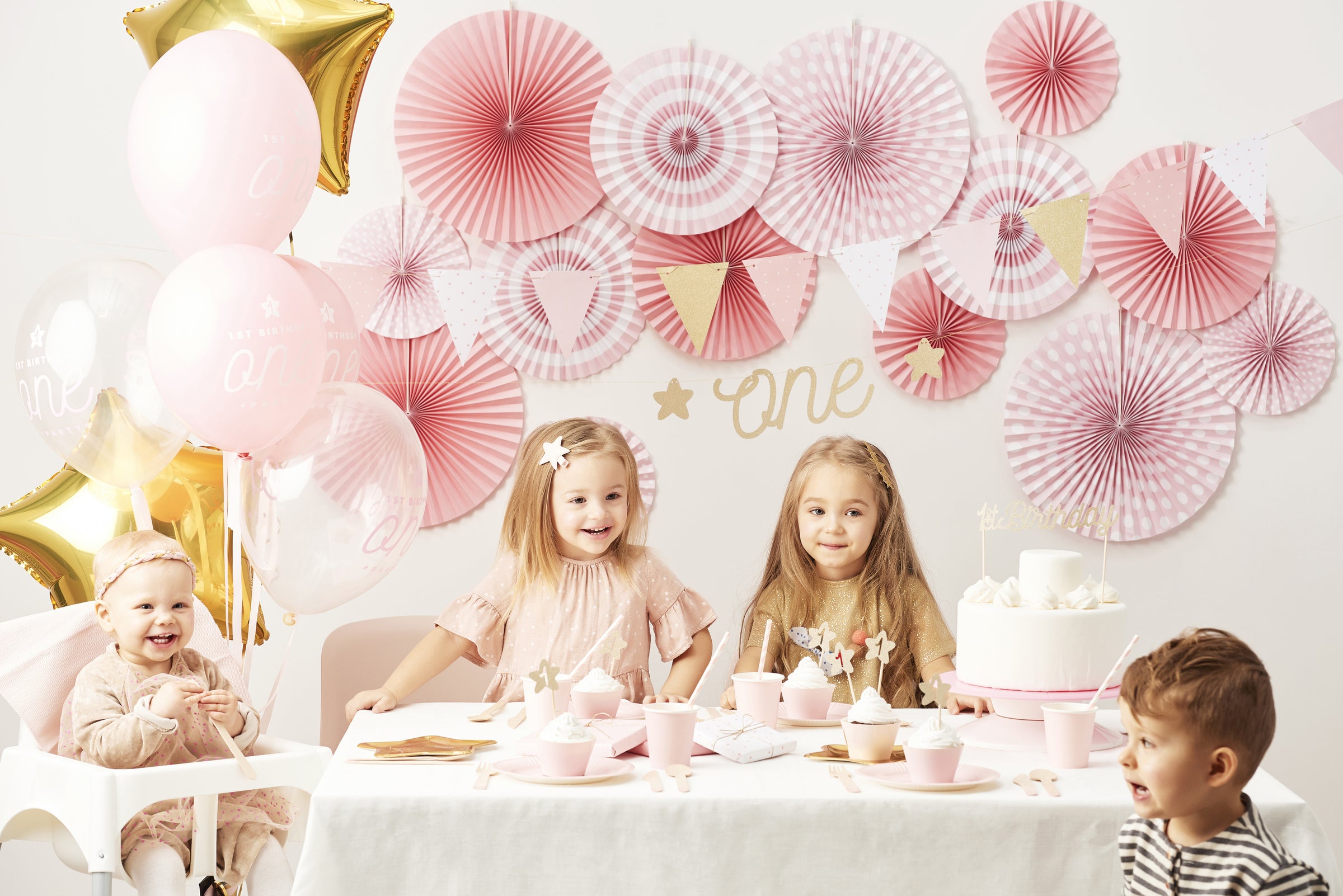 Guirlande fanions motifs à pois roses en papier - Pink 1st Birthday