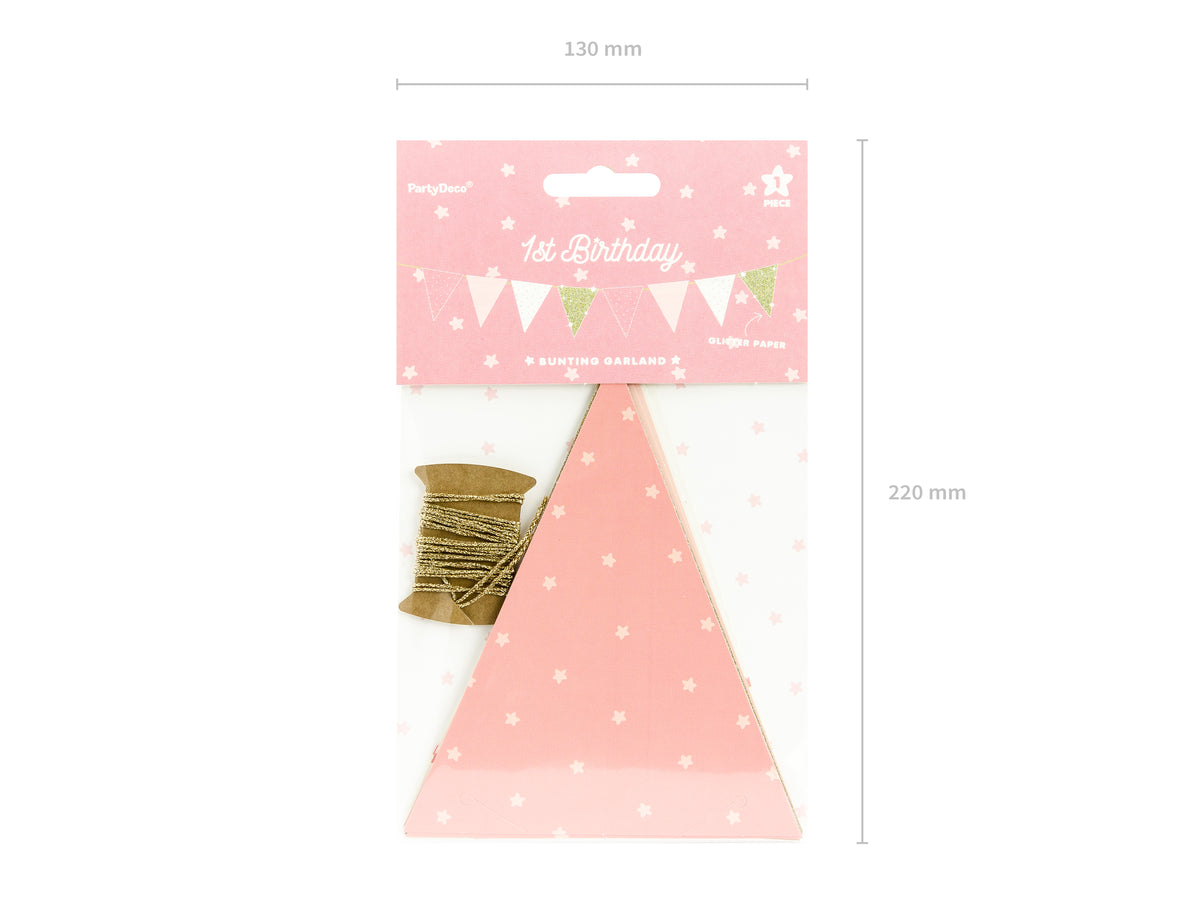 Guirlande fanions motifs à pois roses en papier - Pink 1st Birthday