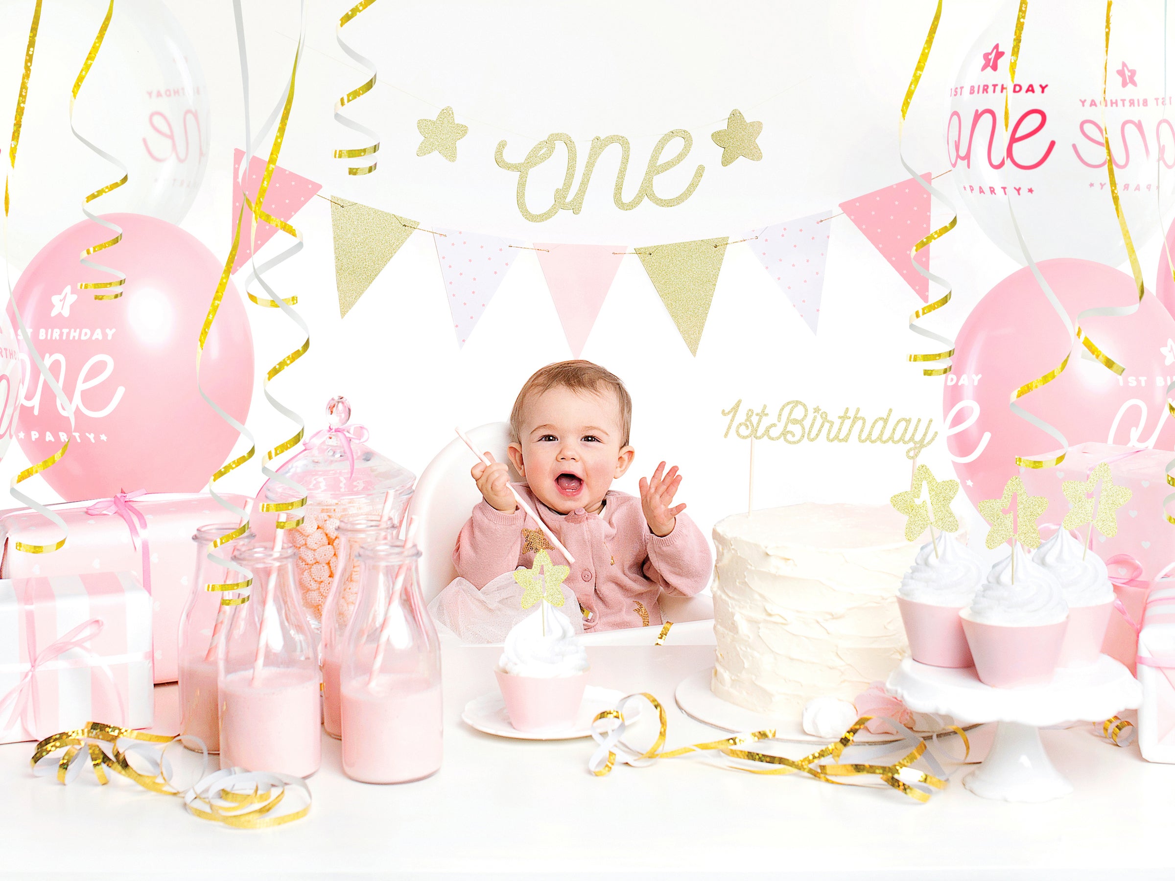 Guirlande fanions motifs à pois roses en papier - Pink 1st Birthday