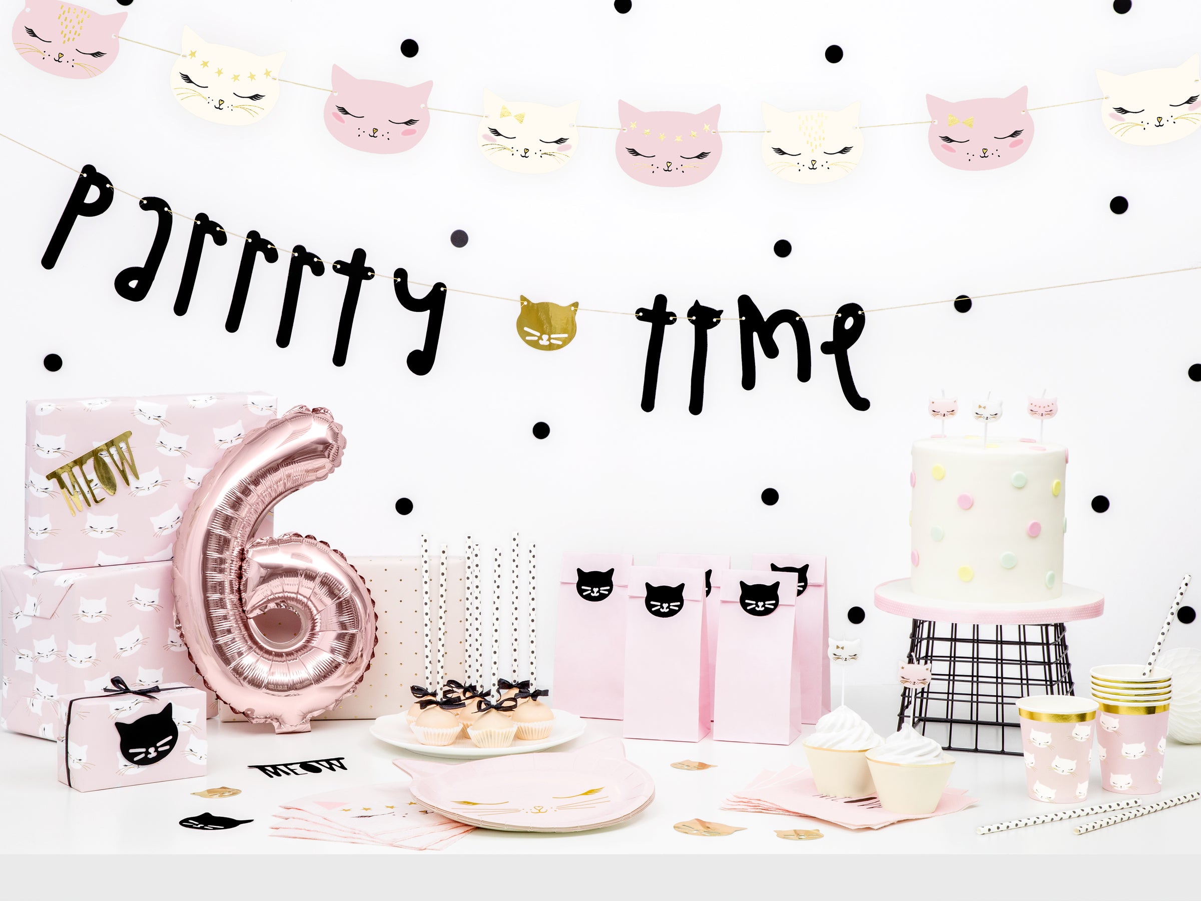 Guirlande têtes de chats rose pastel en papier - Meow Party