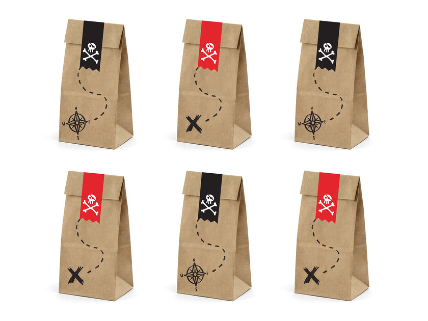 6 sachets pirates en papier Kraft avec stickers pirates - Piratas Party