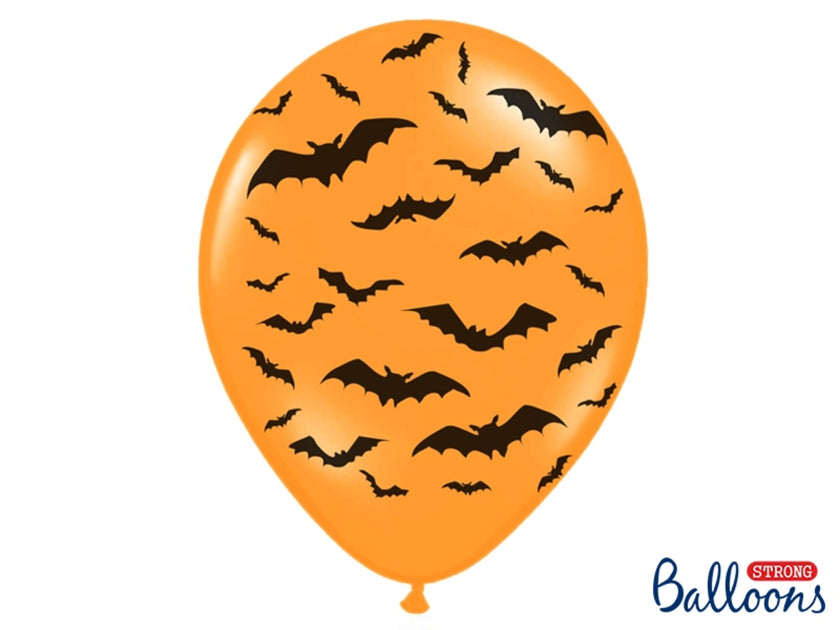 6 ballons en latex oranges avec chauve-souris noir (30 cm)