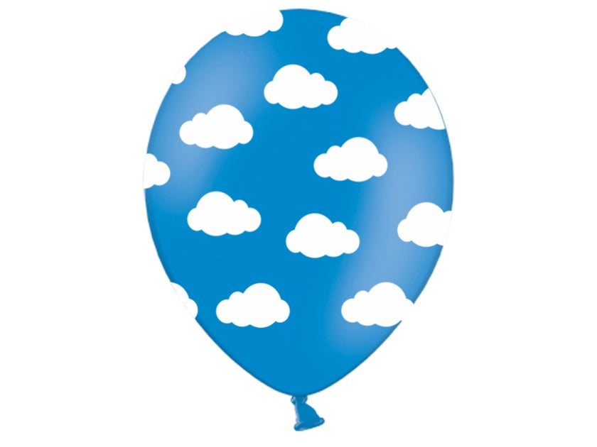 6 ballons bleu clair avec nuages blancs (30 cm)
