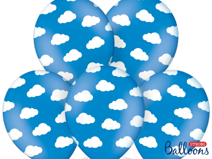6 ballons bleu clair avec nuages blancs (30 cm)