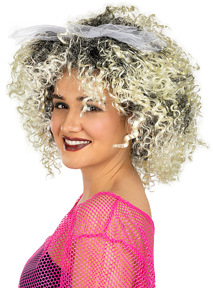 Perruque blonde années 80 avec nœud