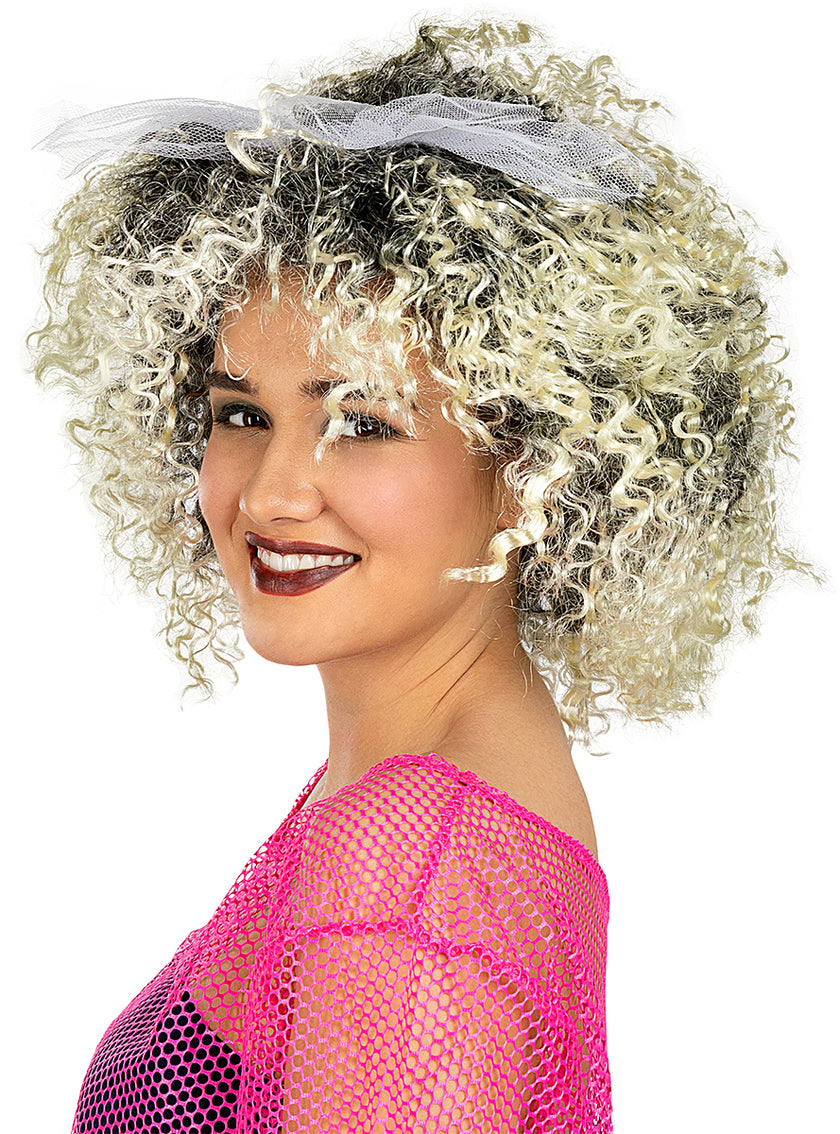 Perruque blonde années 80 avec nœud