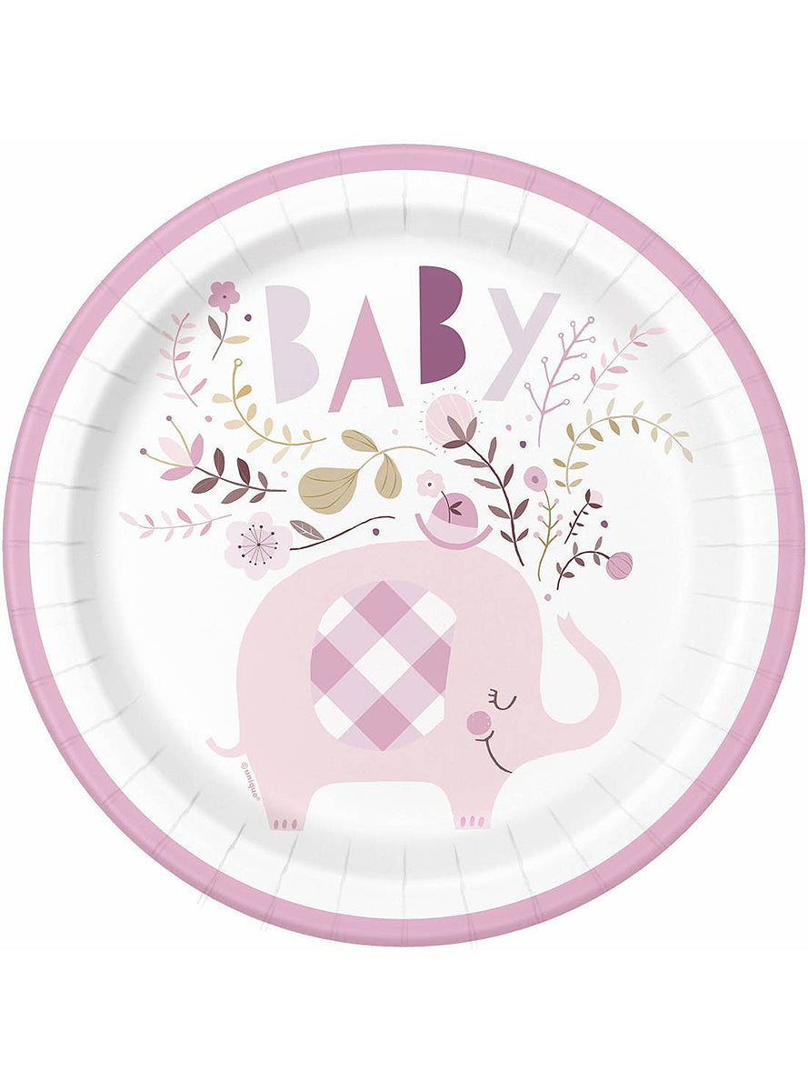 8 assiettes éléphant rose baby Shower (23 cm) - Pink Floral Elephant