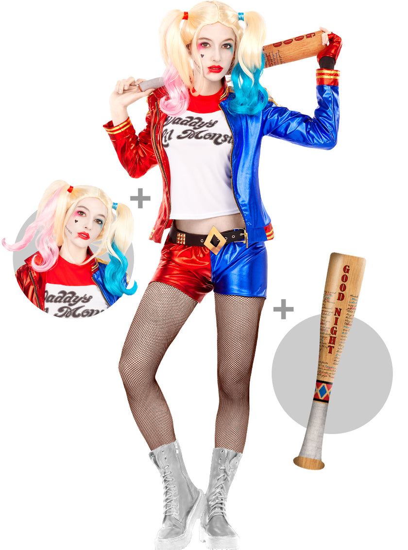 Déguisement Harley Quinn femme avec perruque et batte gonflable - Suicide Squad
