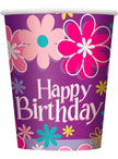 8 gobelets Happy Birthday flower