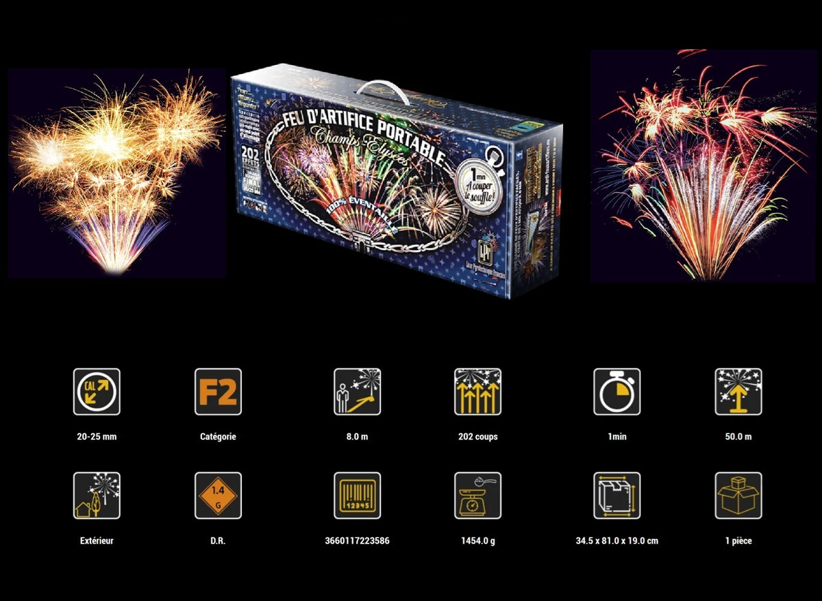 batterie feu d'artifice 100% éventaillé 202 départs 1mn