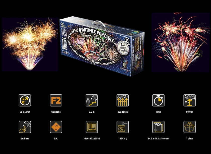 batterie feu d'artifice 100% éventaillé 202 départs 1mn