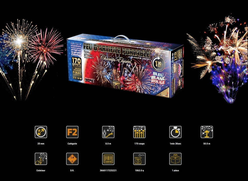 batterie feu d'artifice bleu blanc rouge 170 départs 1mn 30sec