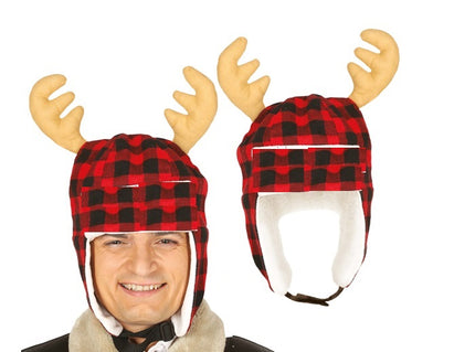 bonnet de noël à carreaux rouge avec bois de renne adulte