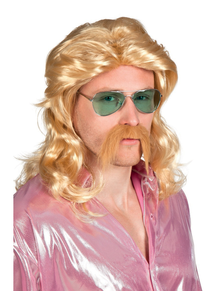 Perruque et moustache blonde rockeur homme