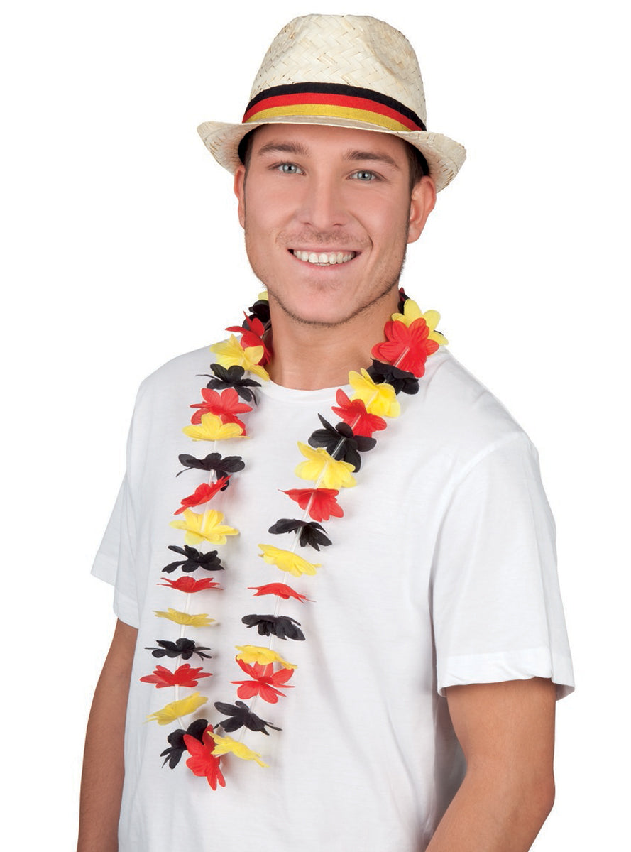 Collier de fleurs tricolore noir, rouge, jaune