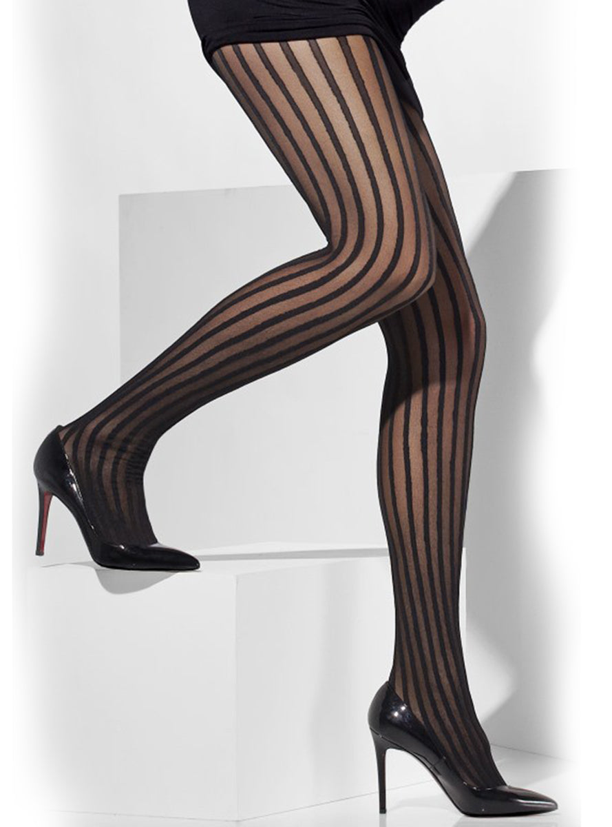 Collants noirs transparents à rayures années 20