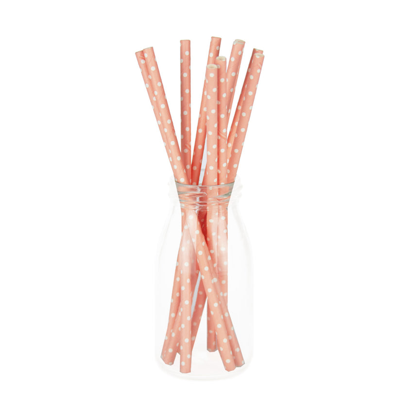 SET 10 PAILLES ROSE PASTEL A POIS BLANCS